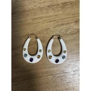 14K 585 Gold Teardrop Hoop Earrings White Enamel Resin Multicolor Stones Women